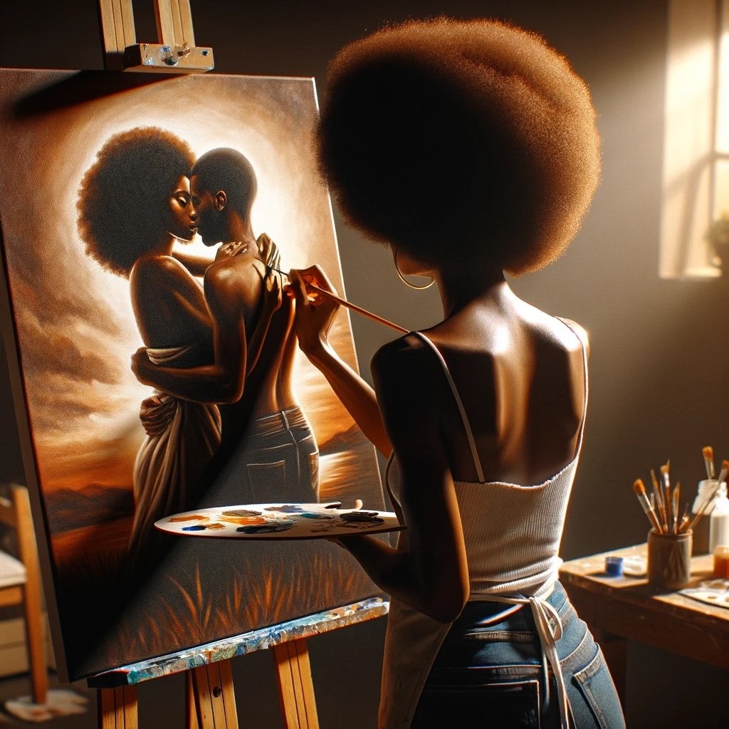 Black woman painting black love, Canvas Painting