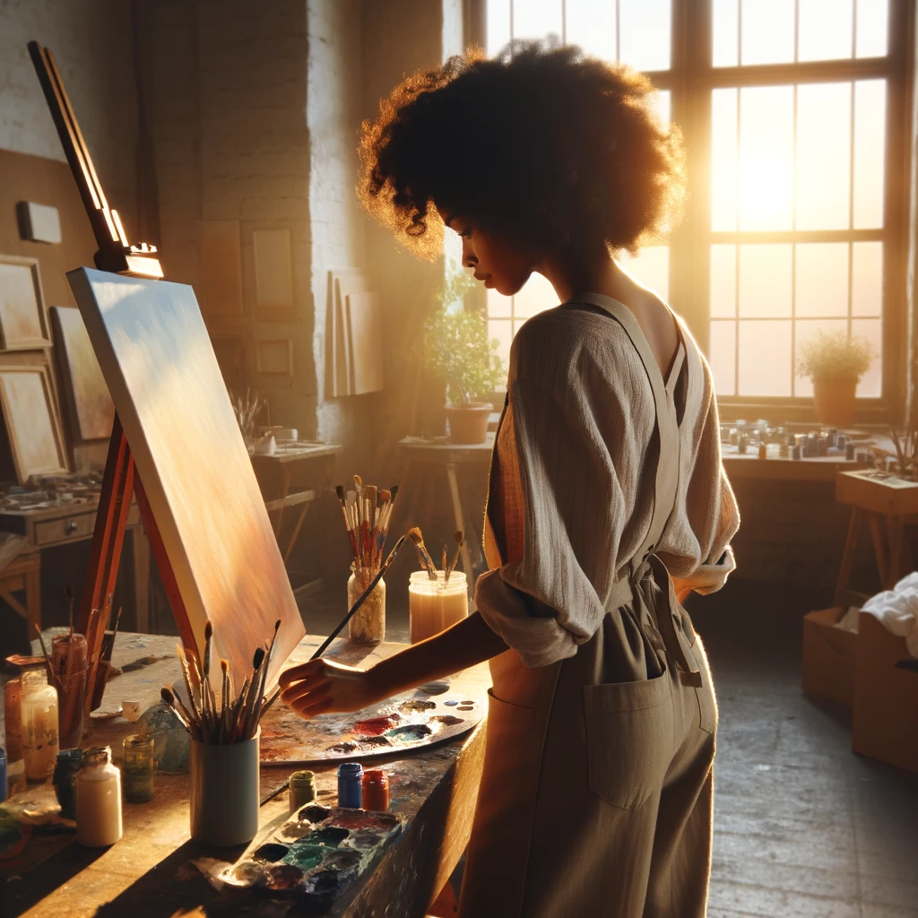 Young black woman painting on canvas